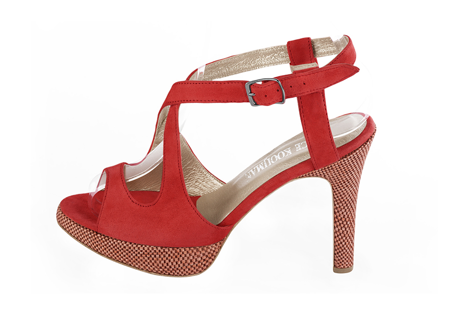 Scarlet red women's open back sandals, with crossed straps. Round toe. Very high slim heel with a platform at the front. Profile view - Florence KOOIJMAN